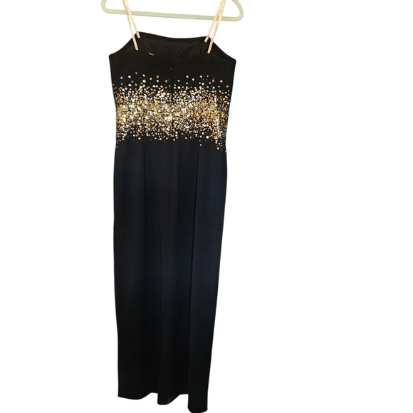 Women's Halston Sofi Gown Columm Crape Strapless Black Dress Gold Sequins 12 - Picture 5 of 15